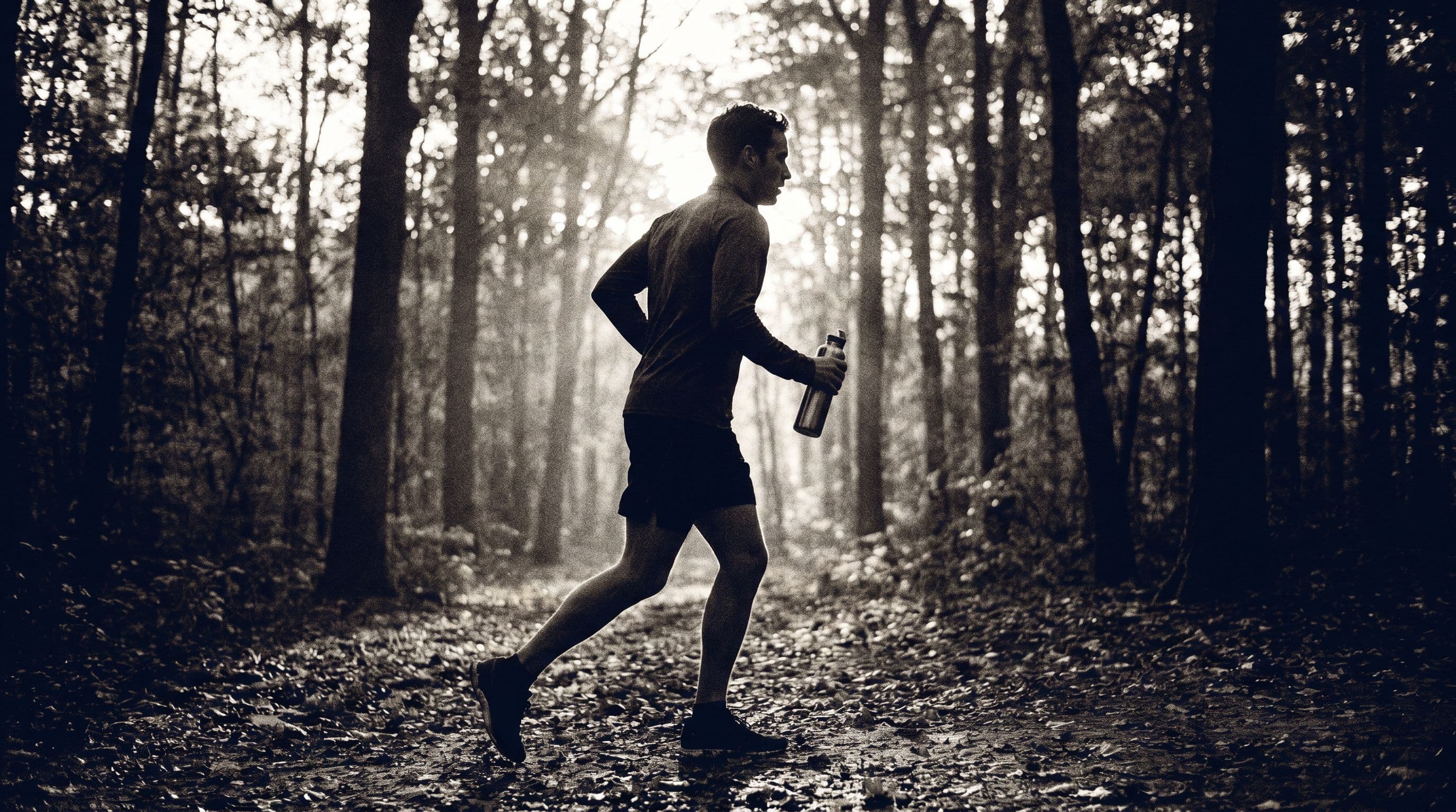 Coureur de cross-country en sentier forestier à l'aube — photographie cinéma 35 mm noir et blanc